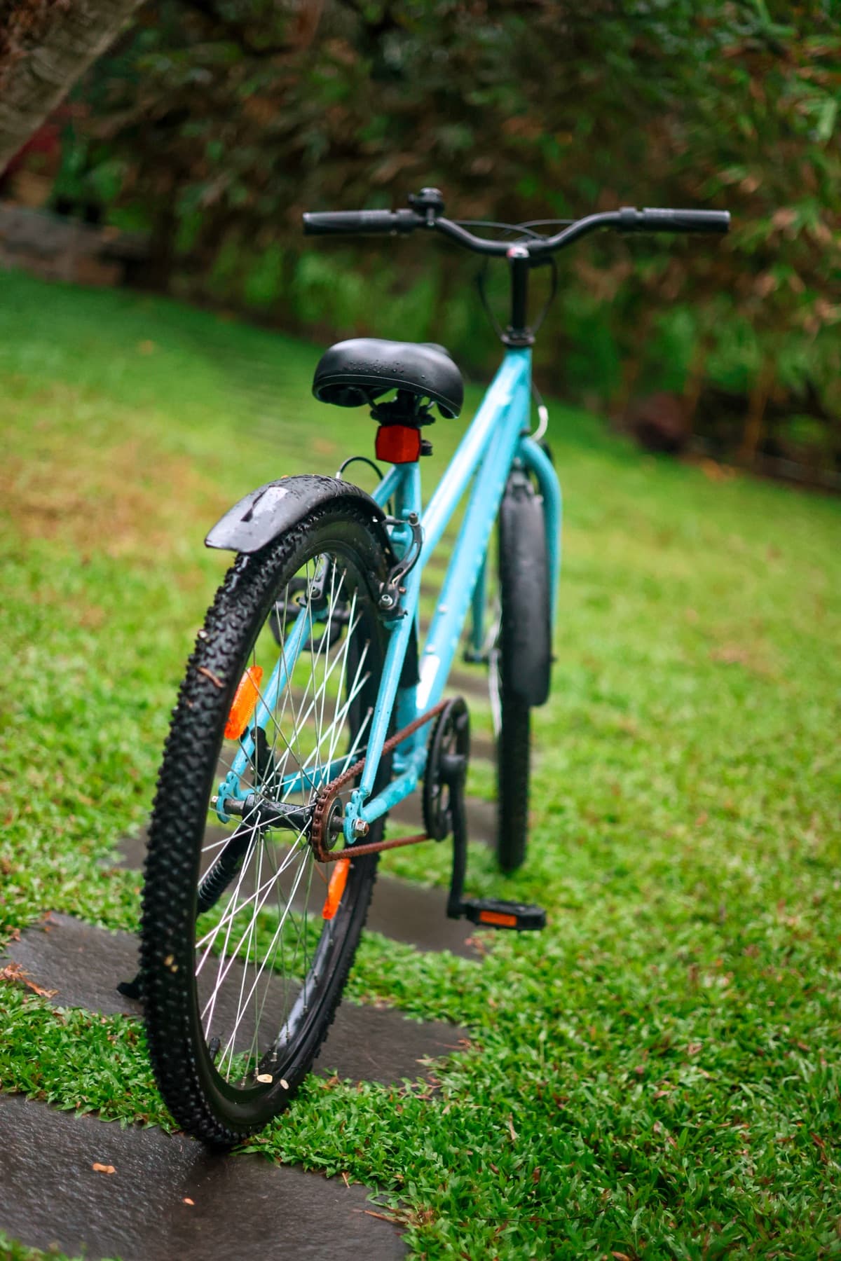Teal bicycle parked on the garden path at River Loom